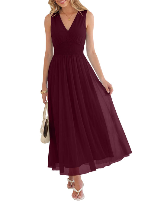 ANRABESS Womens Summer Floral Dress V Neck Sleeveless A Line Wedding Guest Maxi Tulle Dresses Casual Beach Vacation Clothes